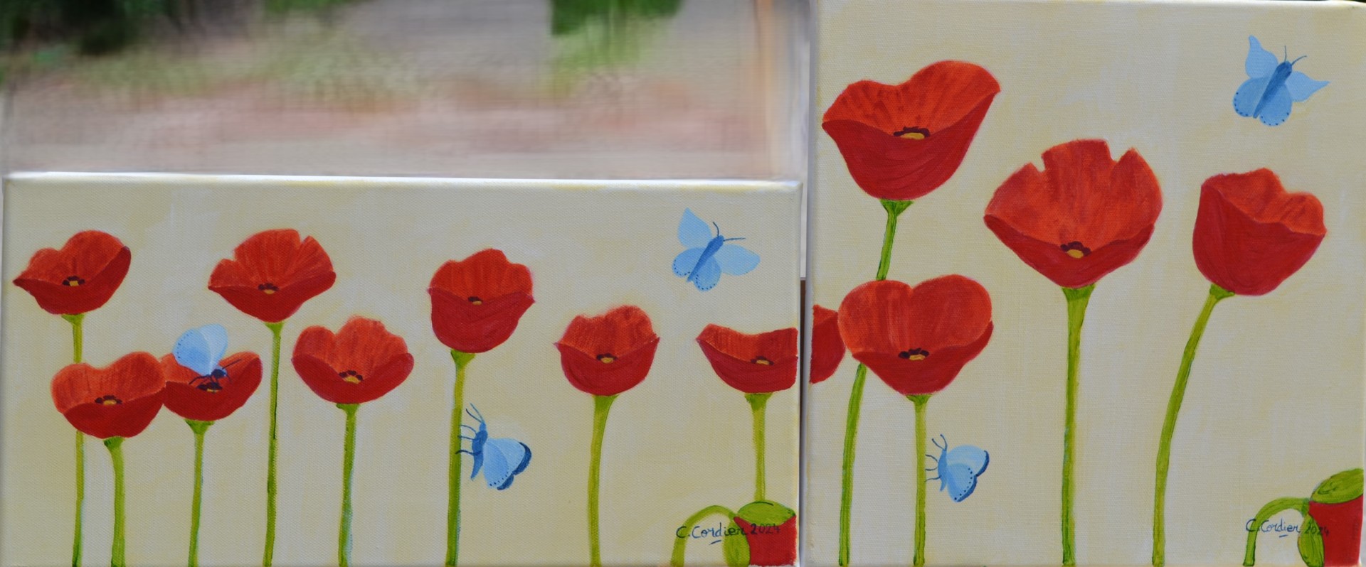 Coquelicots et papillons bleus