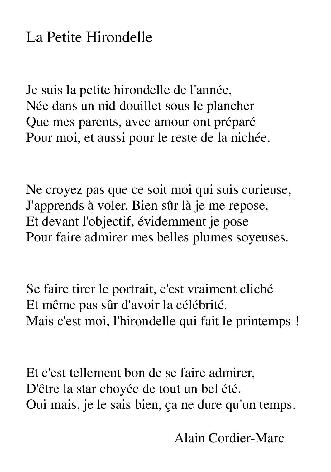Texte La Petite Hirondelle